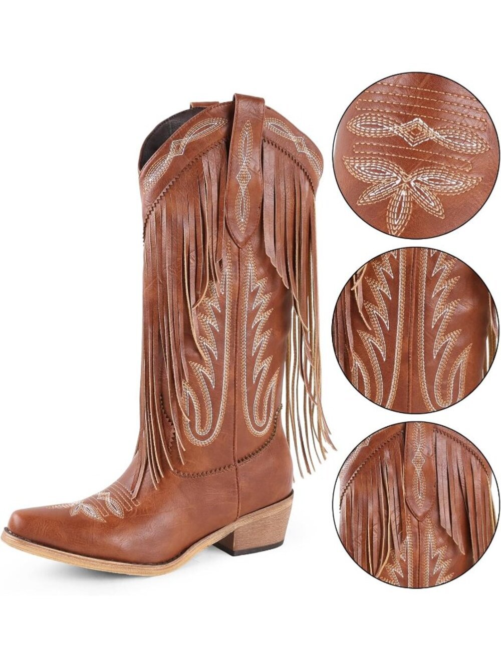 Women's Fringe Brown Western Chunky Heel Knee High Pointed Toe Boot Embroidered - Picture 5 of 6